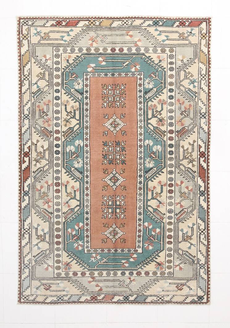 5x8 Shades Of Copper Green Vintage Oushak Rug, 146x227Cm SKU 24356