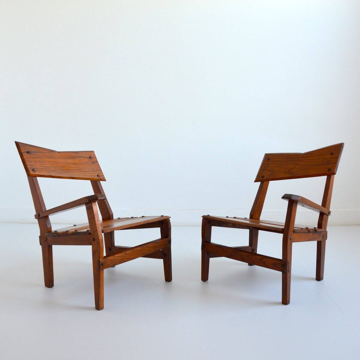 Armchairs convertible into Brutalist Bench in solid wood 1940 vintage