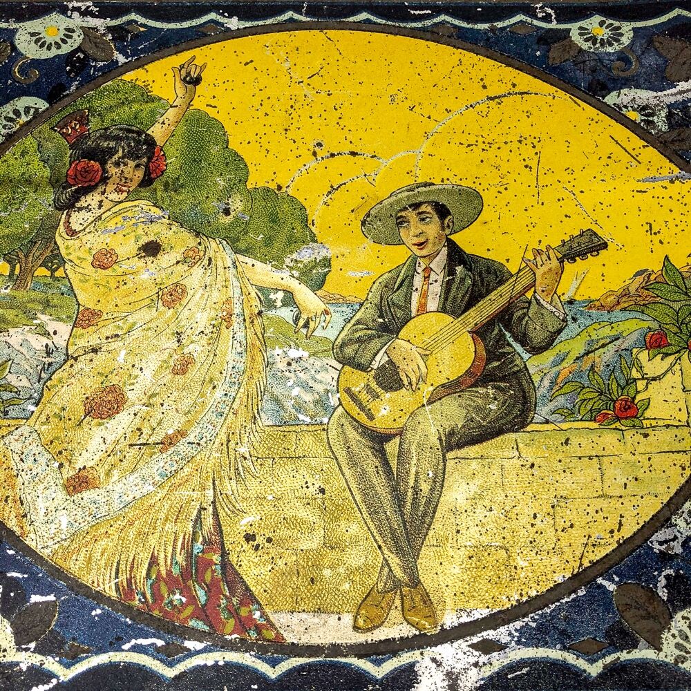 Antique lithographed tin biscuit tins