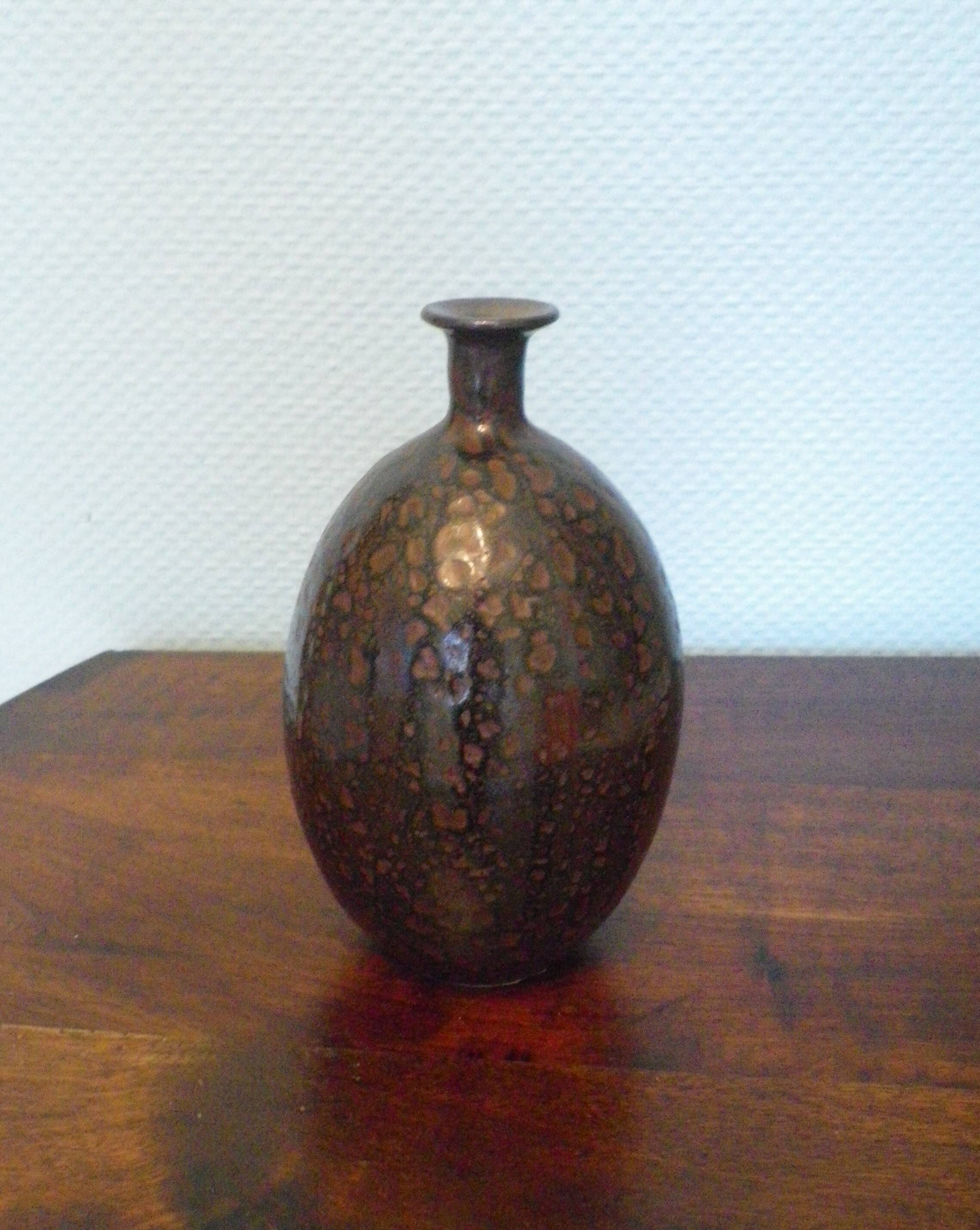 Foiled bottle vase, artisanal pottery, Raku