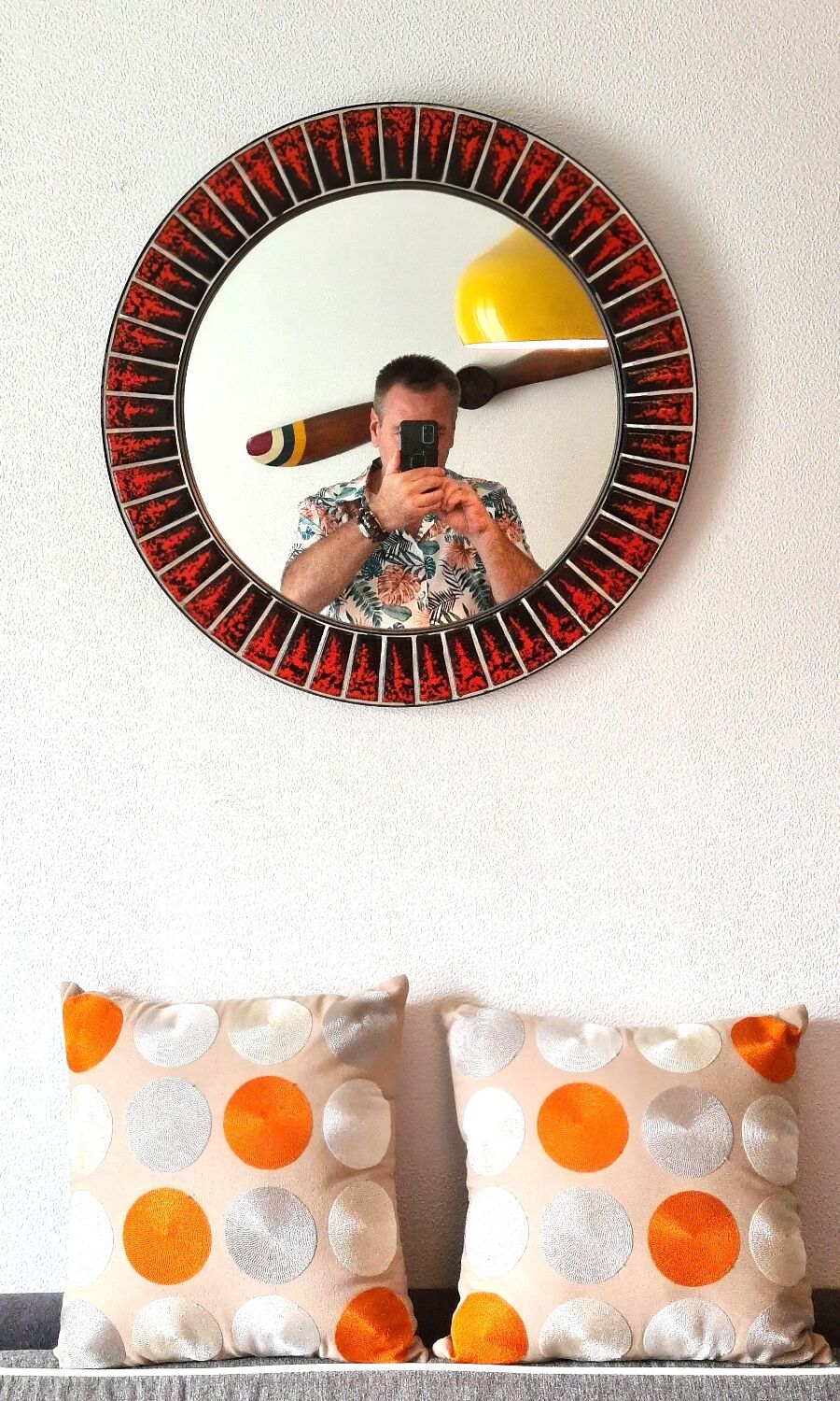 Large round ceramic mirror vintage 70s