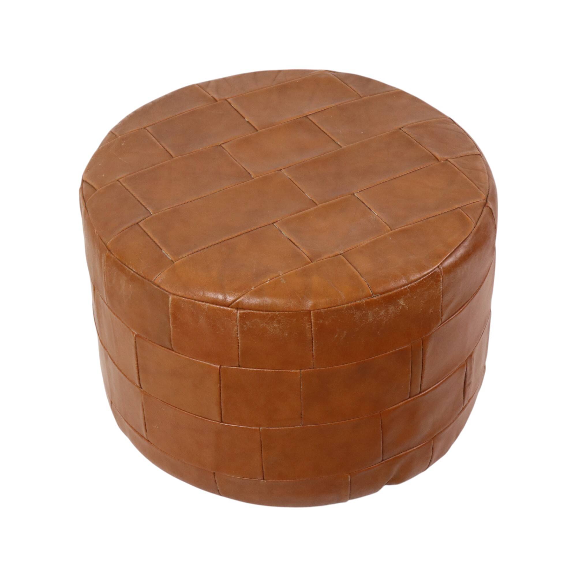 Vintage Round Brown Pouf Patchwork Patches Faux Leather 45cm
