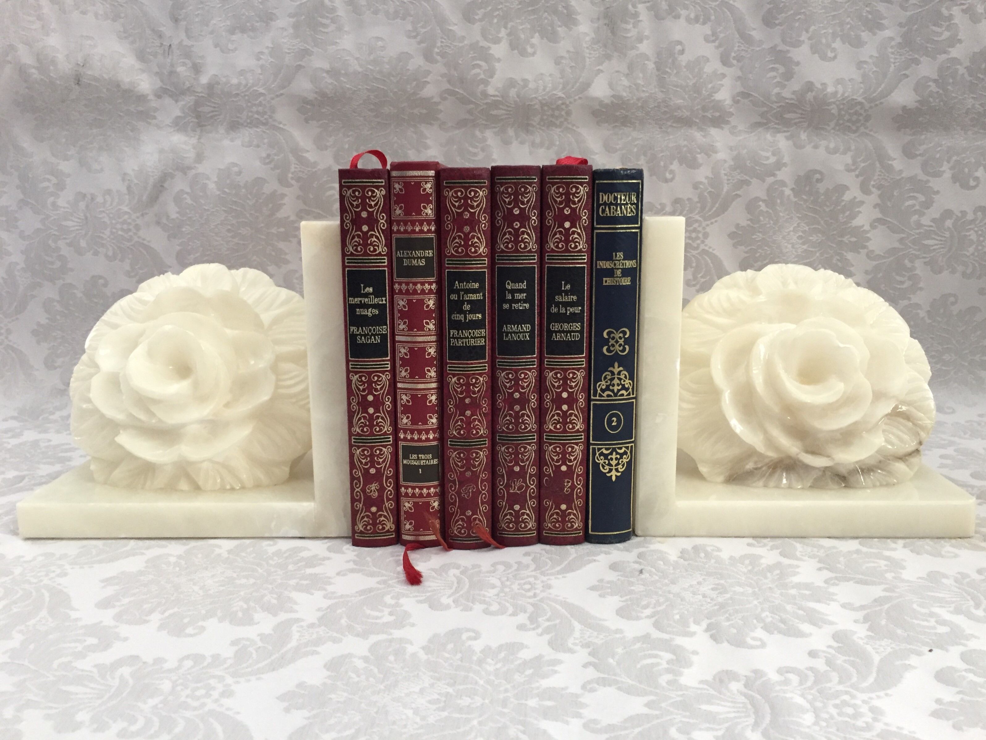Pair of vintage alabaster bookends decor flower 1970