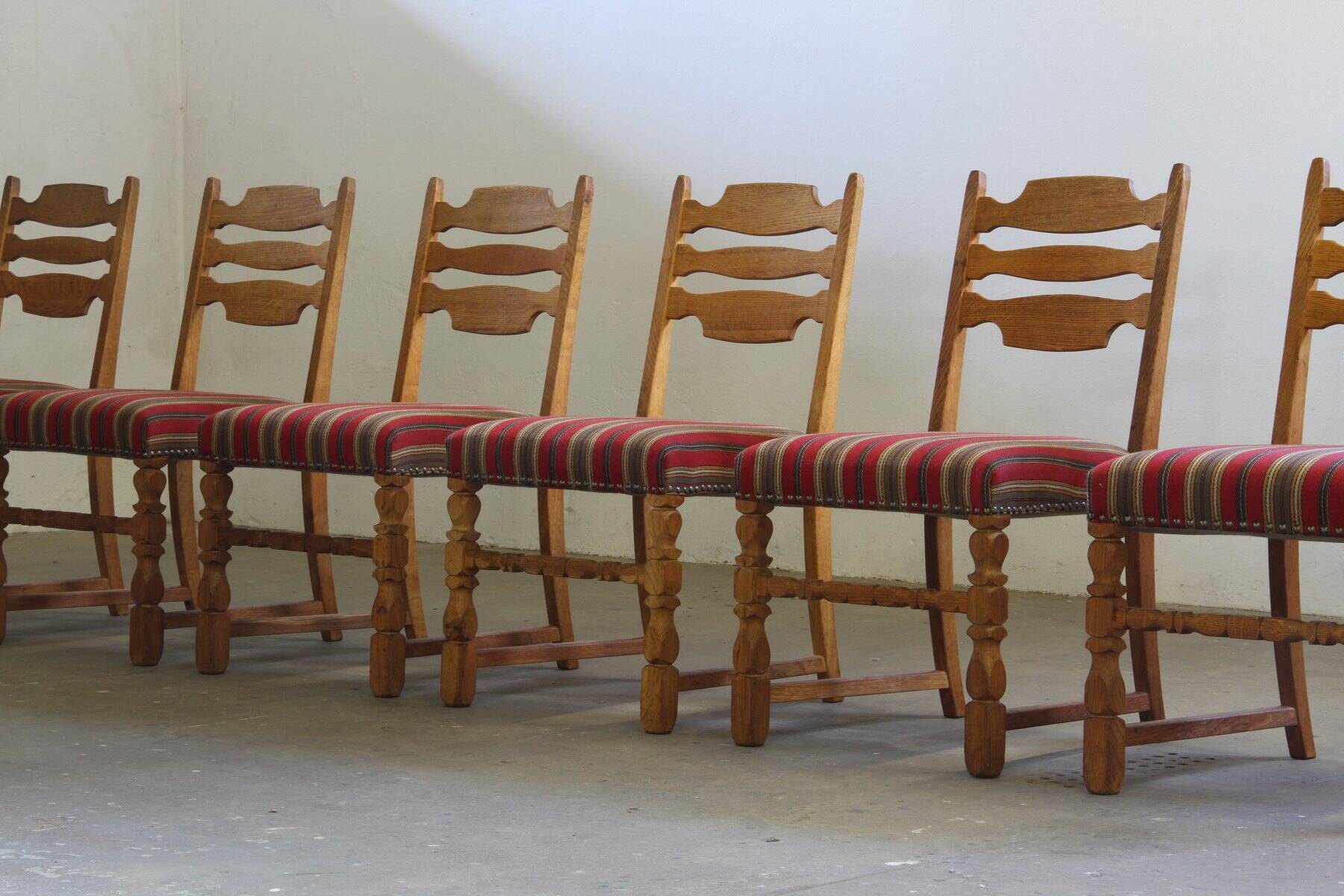 Danish modern brutalist oak dining chairs by Henning Kjærnulf, 1960s, set of 6