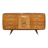 Italian Art Deco Sideboard In Walnut Burl And Brass.
