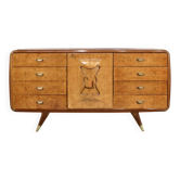 Italian Art Deco Sideboard In Walnut Burl And Brass.