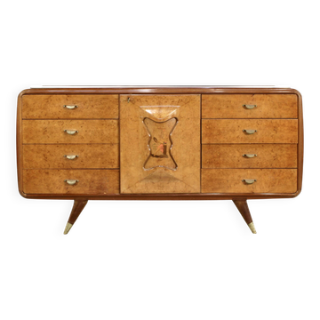 Italian Art Deco Sideboard In Walnut Burl And Brass.