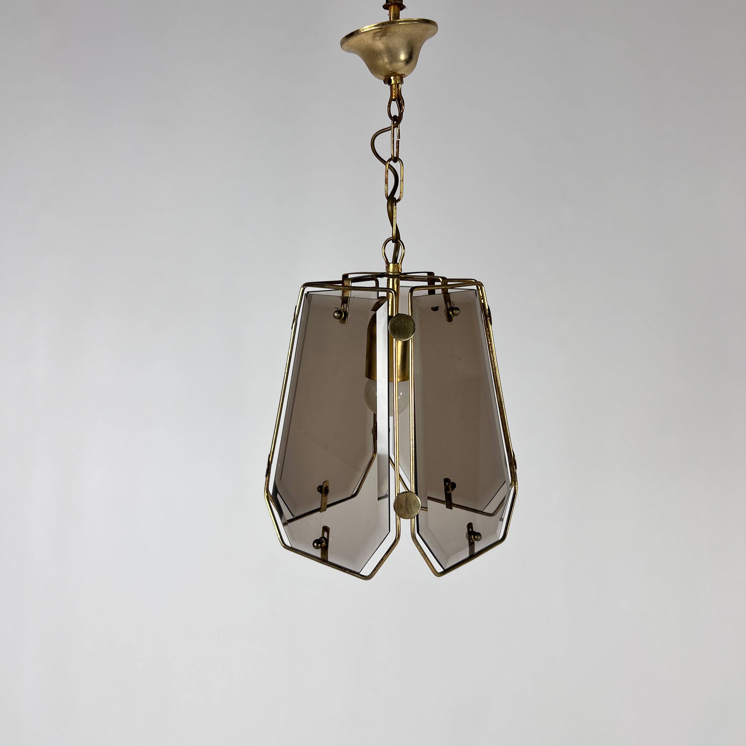 French Brass and Smoked Glass Hal Pendant, 1970s