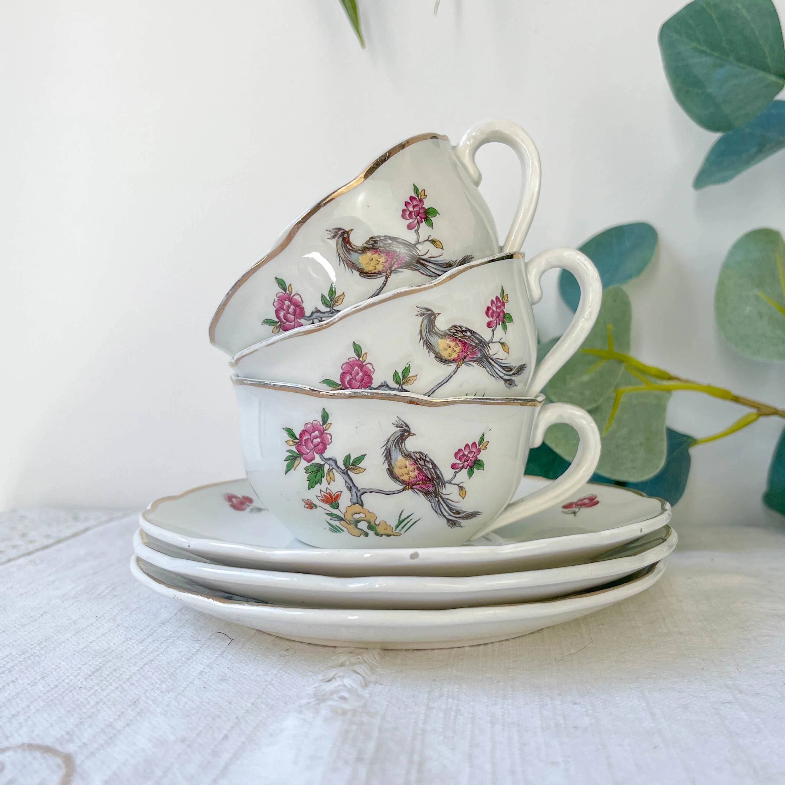 Service à thé vintage Digoin Sarreguemines – Modèle Corde – Motif Oiseau de Paradis