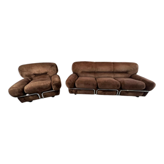Lot d'un canapé 3 places et fauteuil en velours brun par Giuseppe Munari pour Poltrona Munari, Italie
