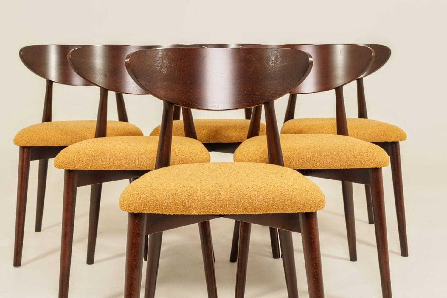 Ocra Dining Chairs set of 6, yellow bouclè fabric, Dark wood