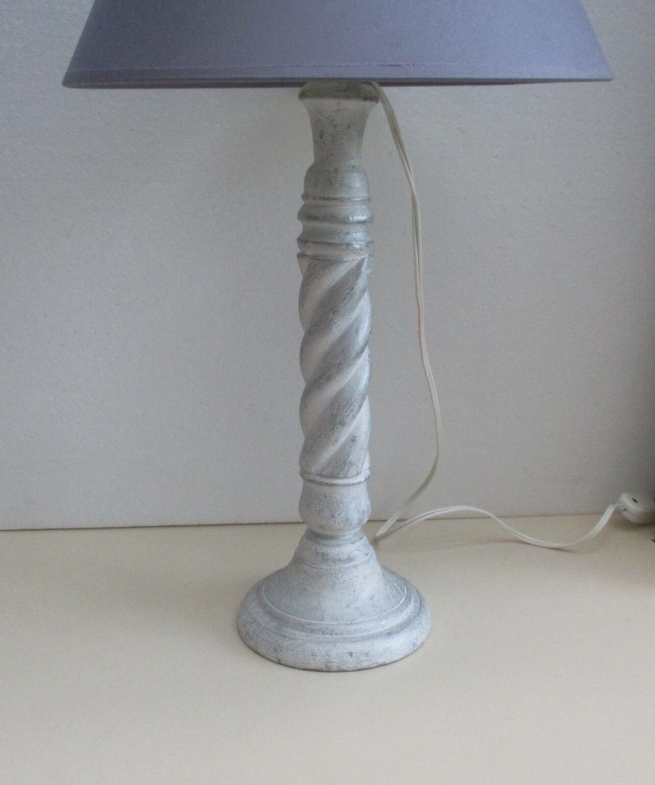 White and grey wooden foot-laying lamp, grey lampshade