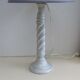 White and grey wooden foot-laying lamp, grey lampshade