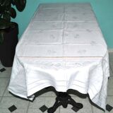 Vintage tablecloth in mixed cotton damask 130x150 floral decor monogram medallion BV + 10 napkins *M