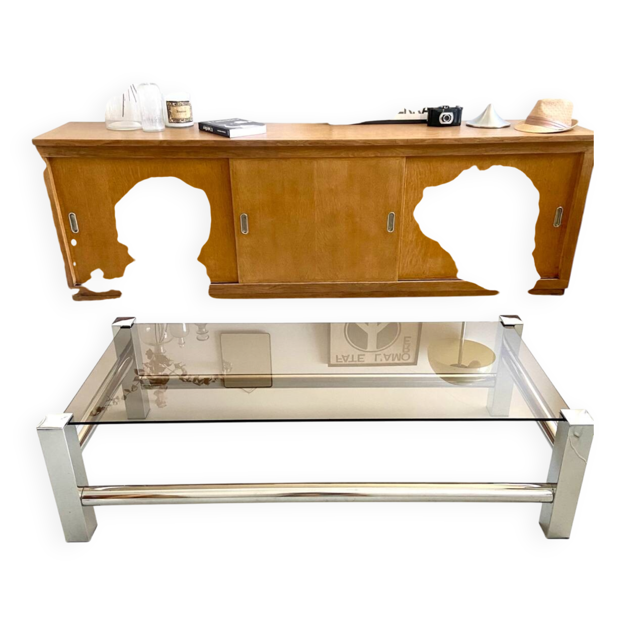 Vintage chrome metal table / smoked glass 1970