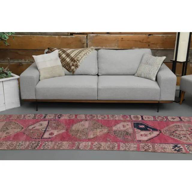 Vintage Turkish Hand-Knotted Wool Cotton Pink Runner Rug 100x335