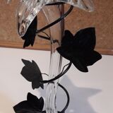 Glass soliflore vase in the shape of a fleur-de-lis on metal base