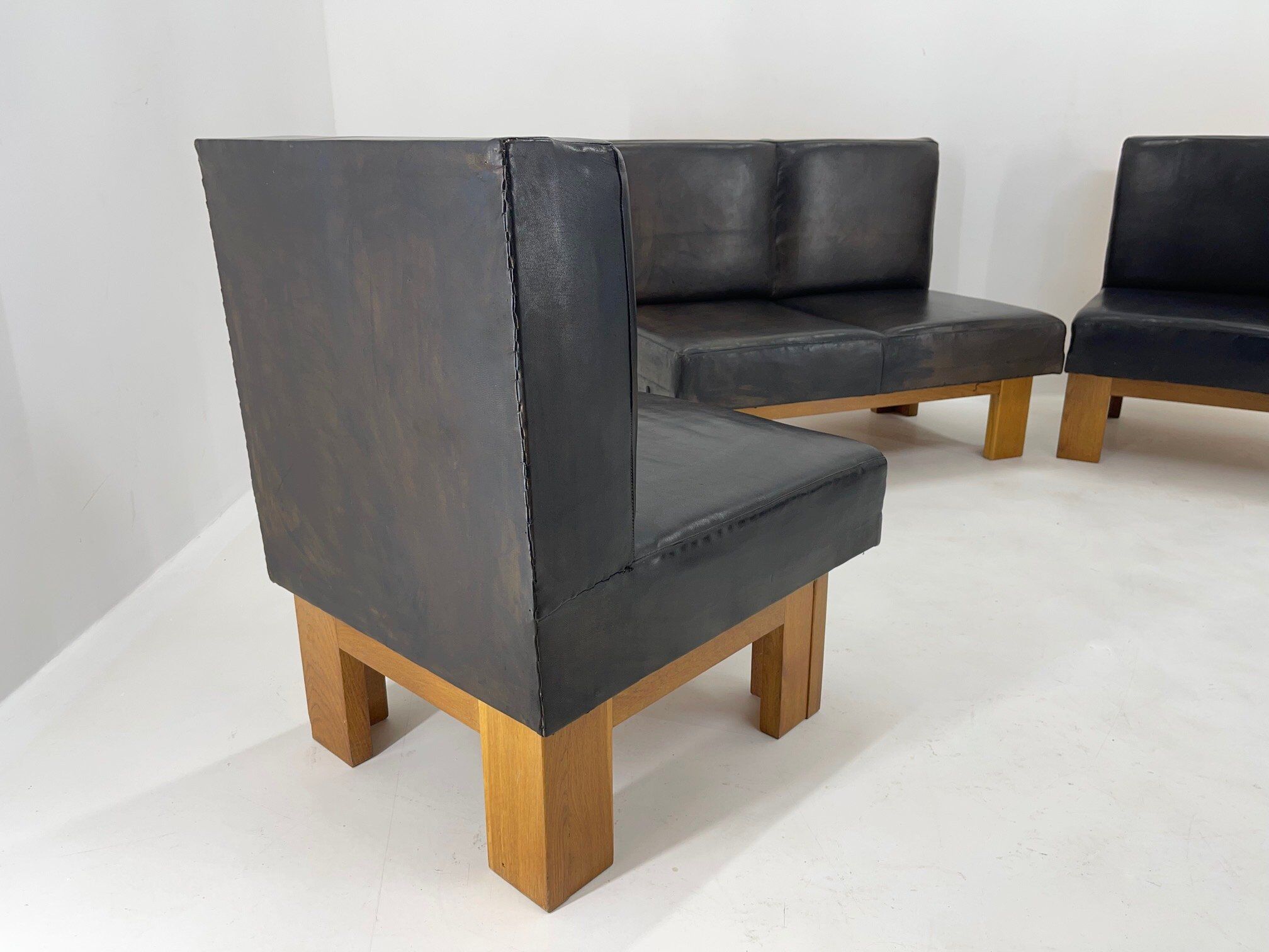 Leather & Oak Wood Modular Sofa and Chairs, 1970's