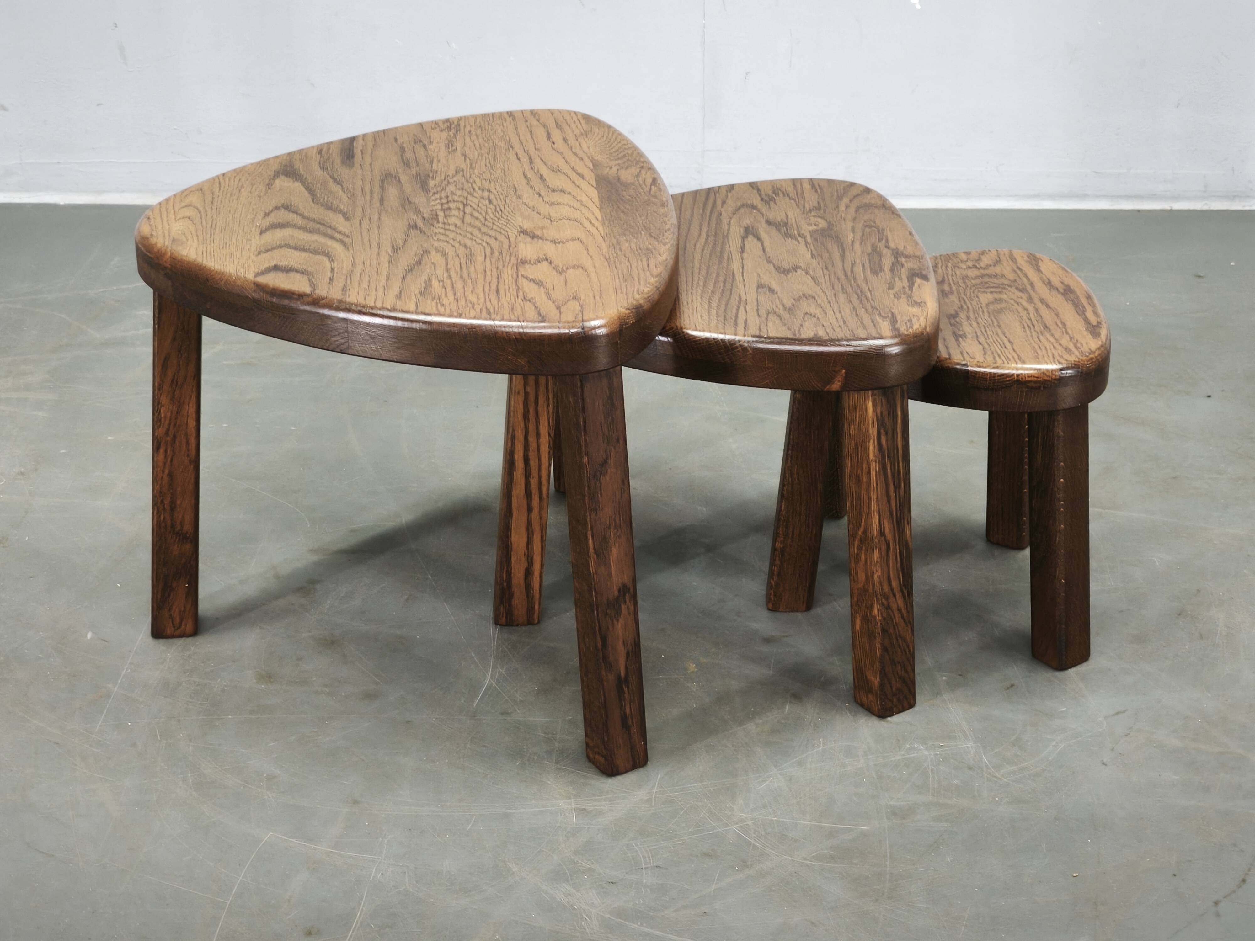 1960s Czechoslovak Mid-Century Solid Oak Nesting Tables, Set of Three