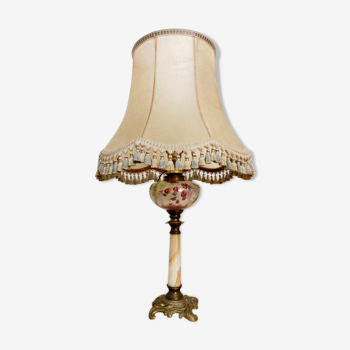 Vintage bronze onyx enamelled oil lamp