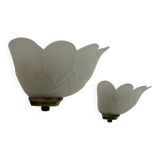 Pair of vintage brass and sandblasted glass wall lights, France, 1970