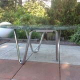 Round coffee table in green marble and chrome / vintage base 60s-70s