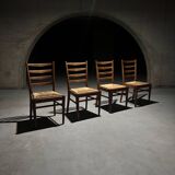 Set of 4 Dutch Oak and Rush Dining Chairs, 1950s
