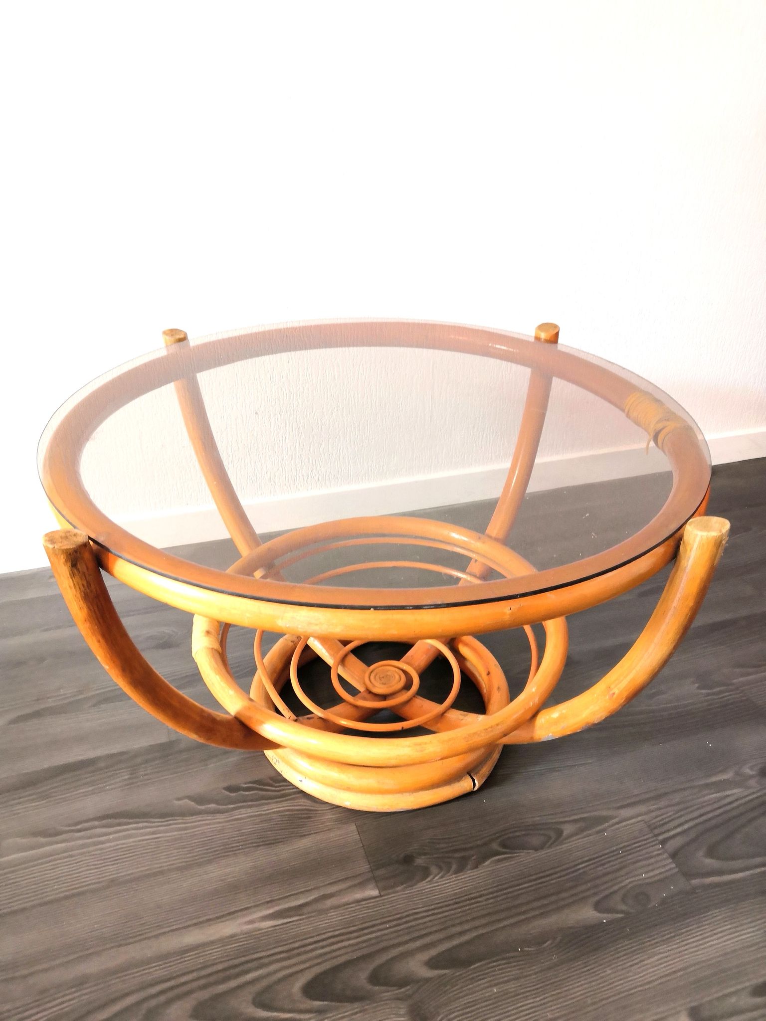 Table basse bambou et verre design années 60 - 70