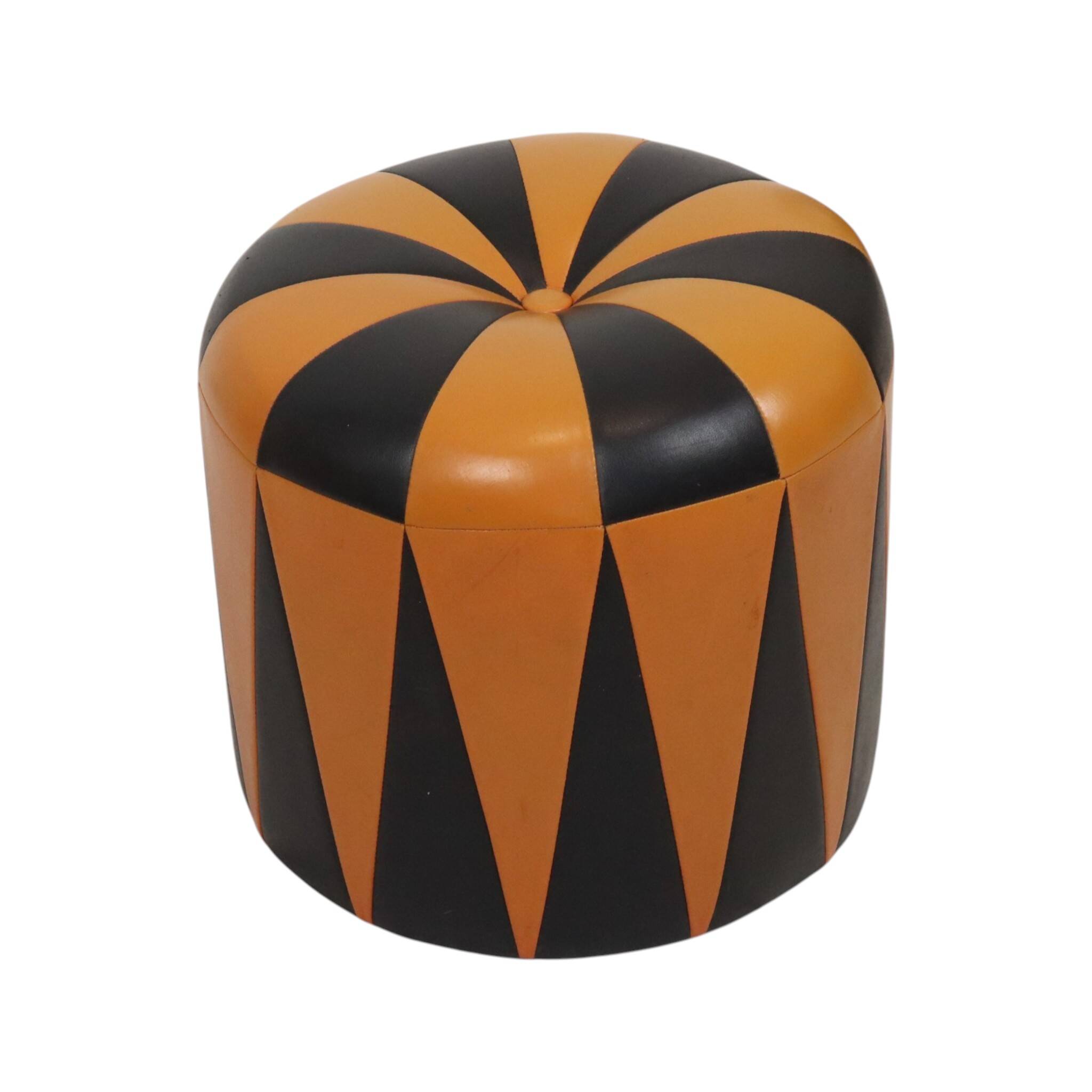 Round Vintage Pouf, Orange and Black Faux Leather (Skai), 1960s