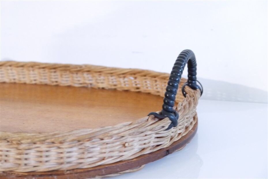 Vintage Scandinavian teak and rattan tray 1960