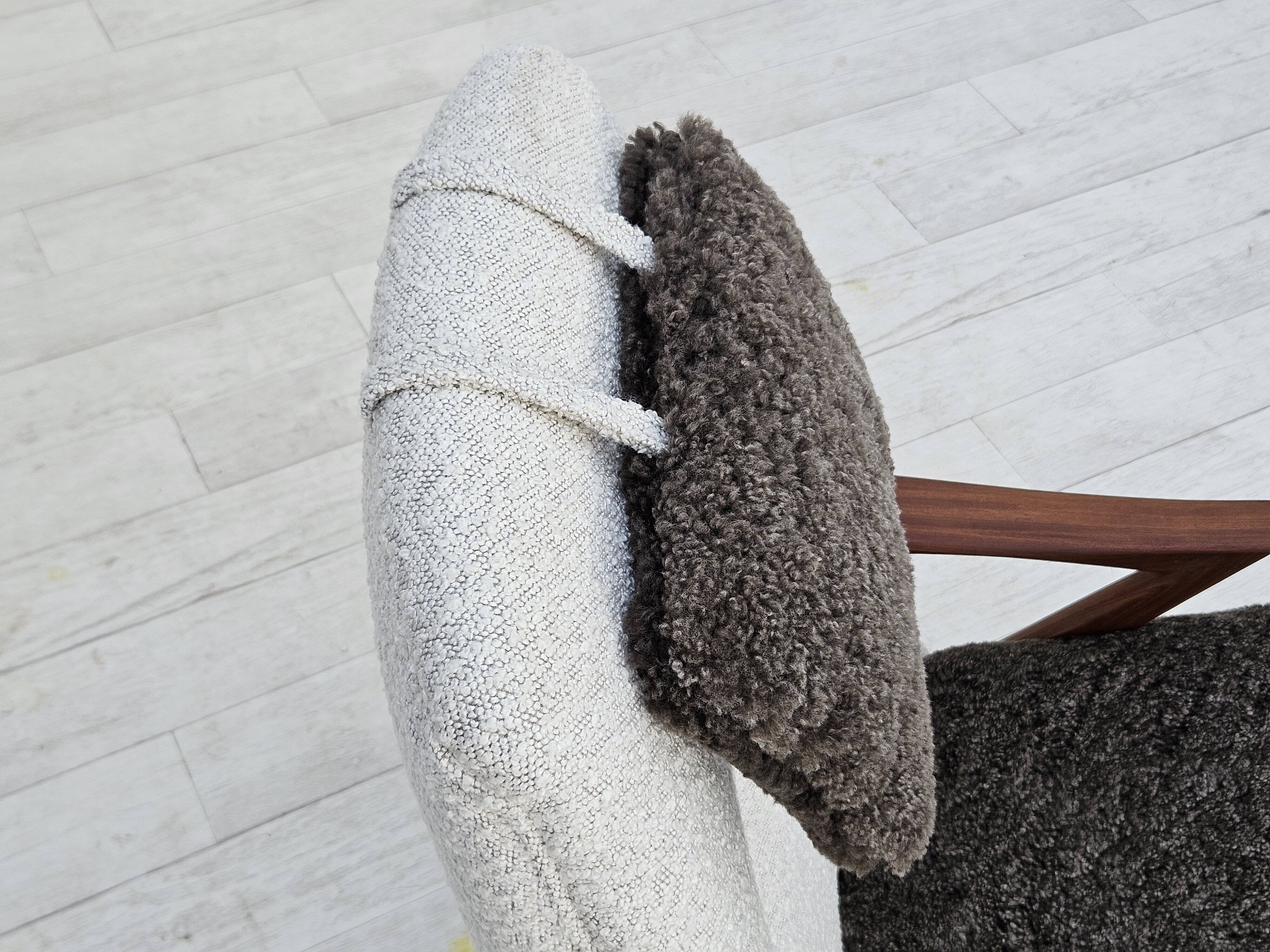1960s, Scandinavian design, reupholstered armchair, furniture fabric, genuine sheepskin, teak.