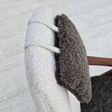 1960s, Scandinavian design, reupholstered armchair, furniture fabric, genuine sheepskin, teak.