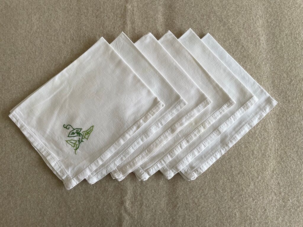 Ensemble de 6 serviettes anciennes brodées "les feuilles" blanc - coton - 42X52 cm
