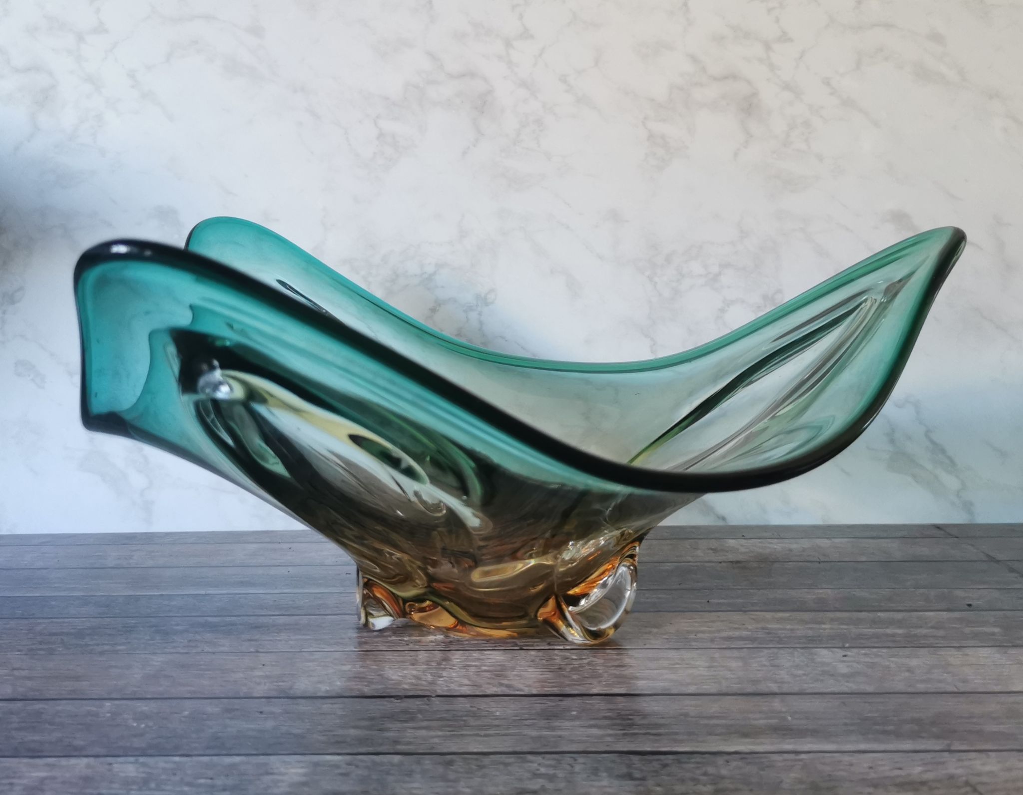 Large amber and green glass cup