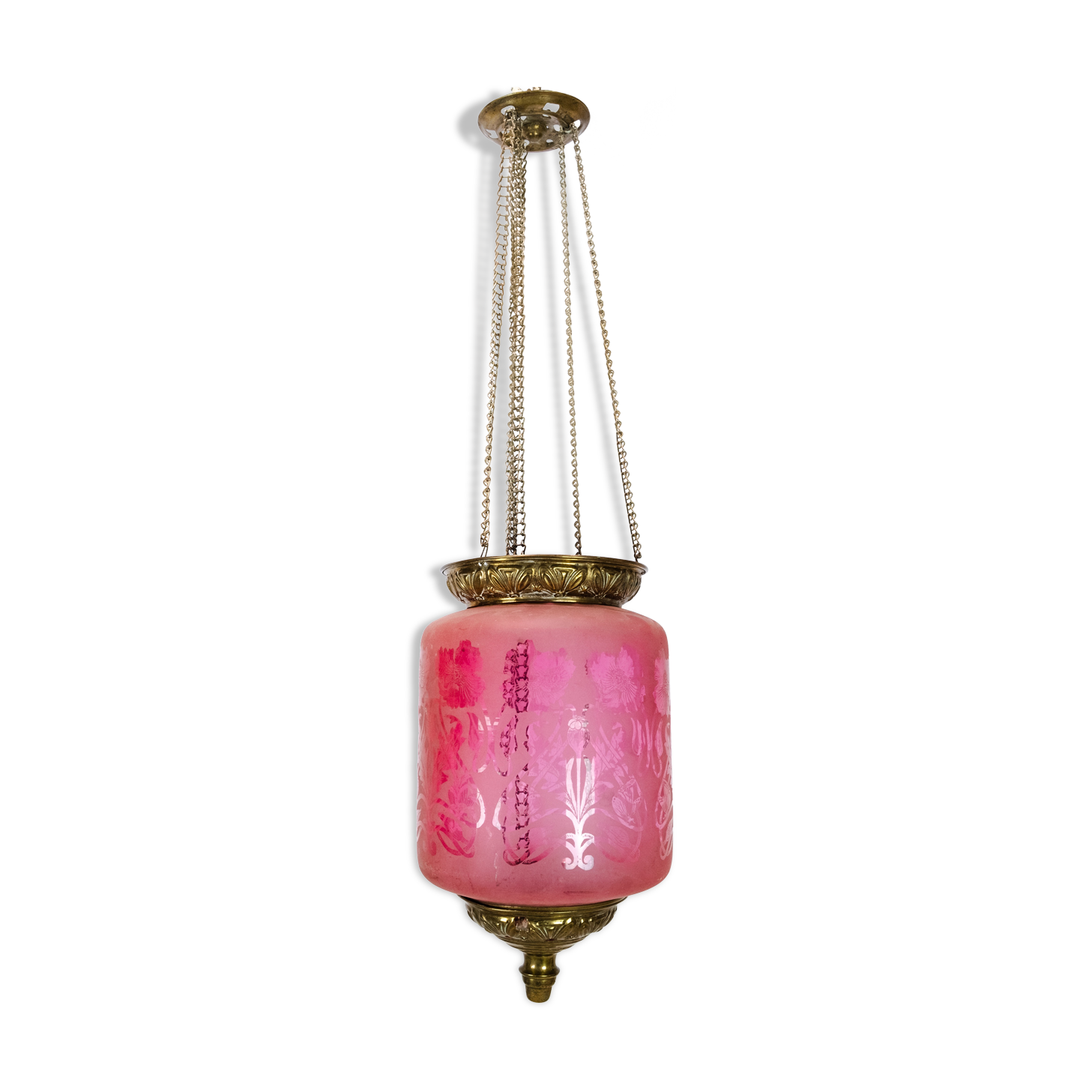 Antique pendant of pink opaline glass with brass edge and suspension from around 1860