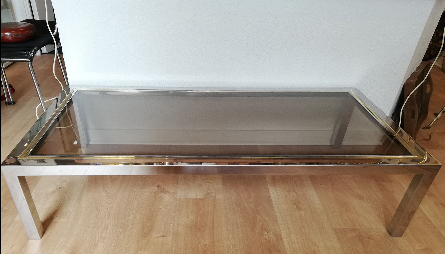 Chrome metal, brass and smoked glass coffee table to taste like Willy Rizzo