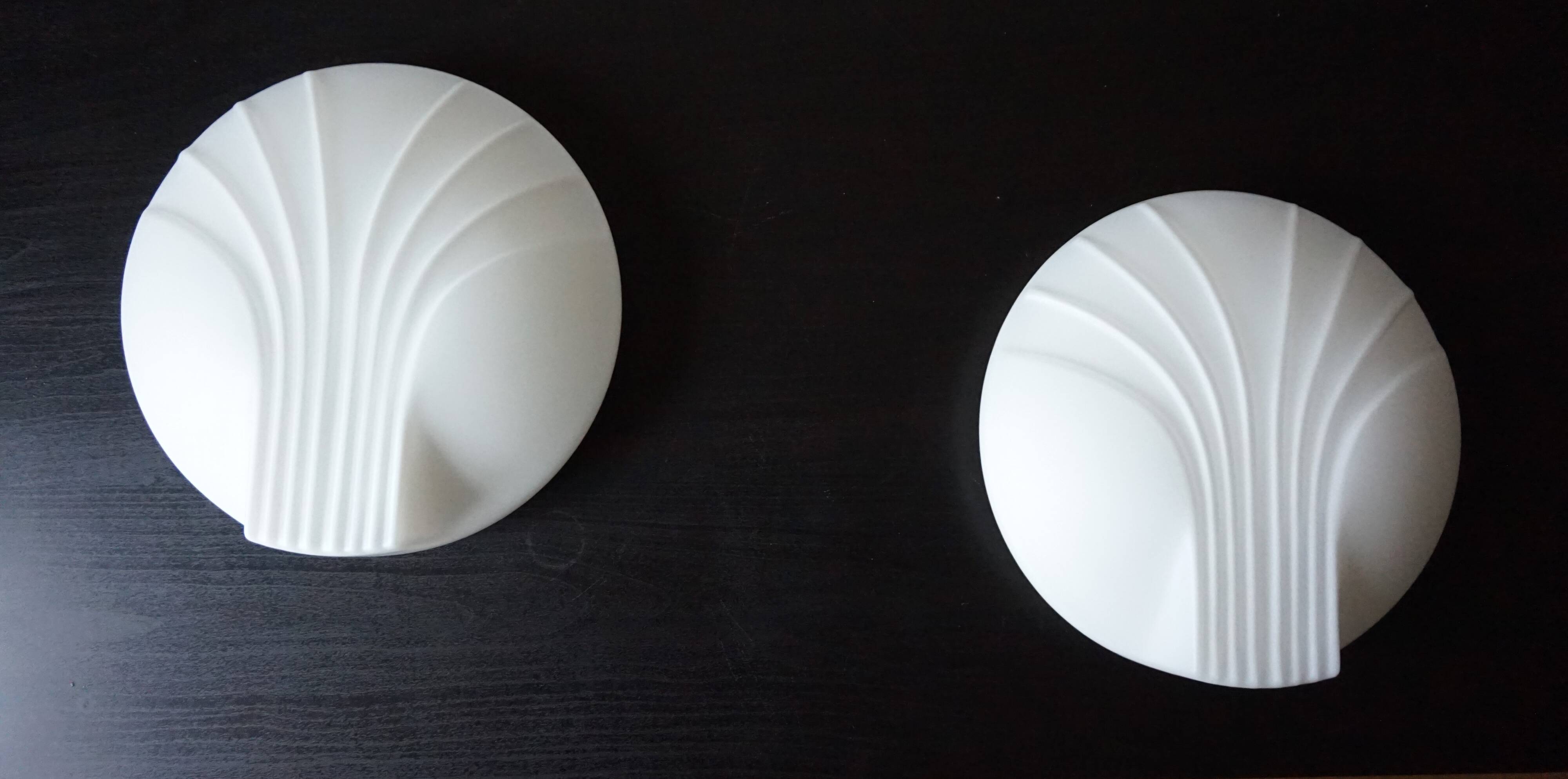 Set of 2 Hillebrand Art Deco shell opal glass wall lamps, 1960
