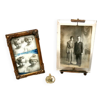 3 anciens Cadres Photo vintage . Pendentif , Verre Biseauté , métal doré