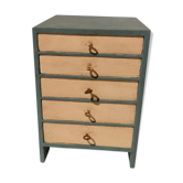Meuble de métier vintage à tiroirs en bois patiné bleu turquoise et blanc