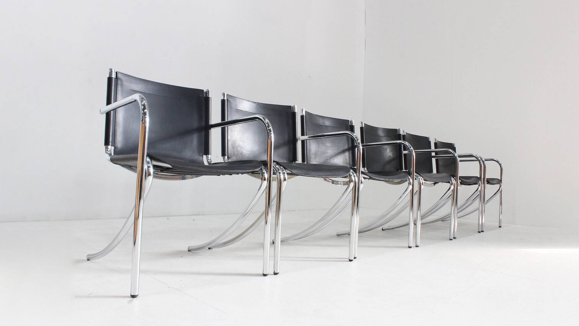 Giotto Stoppino black leather and chrome vintage dining chairs model Jot