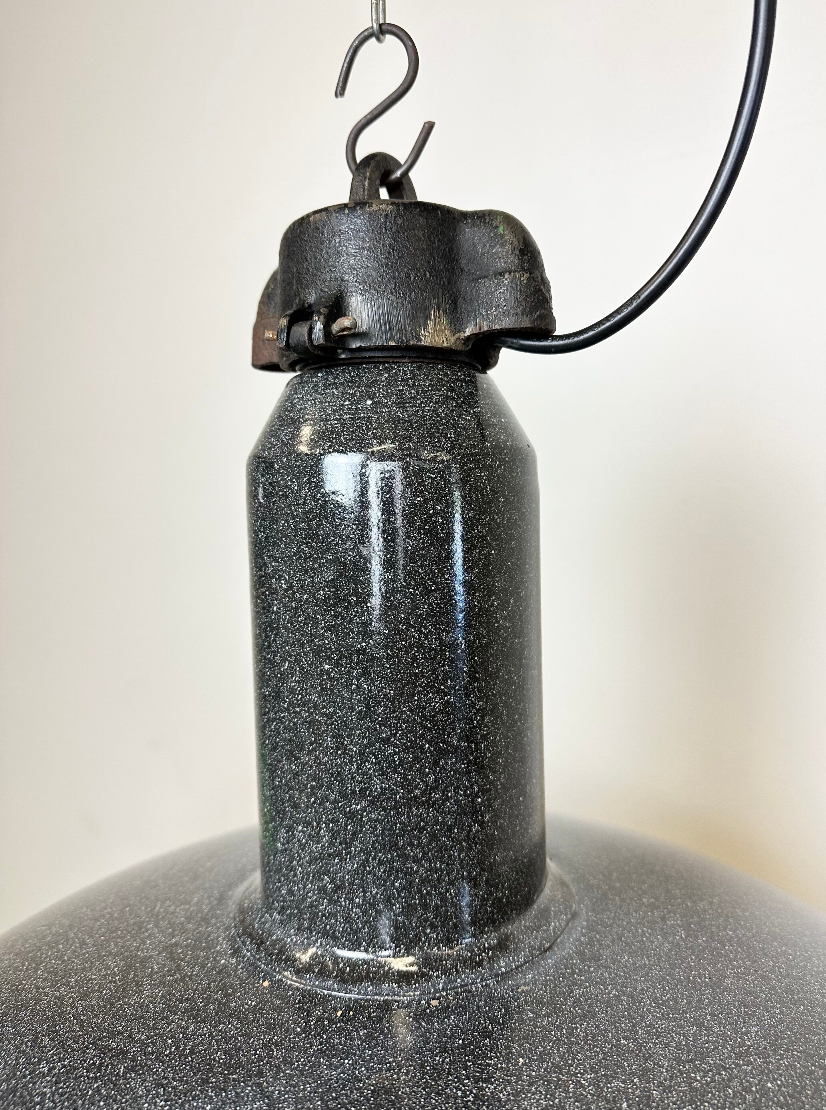 Large Industrial Grey Enamel Factory Lamp with Cast Iron Top, 1960s