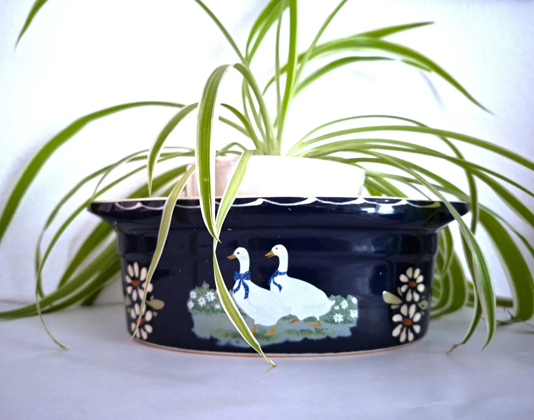 Blue terrine in handcrafted pottery from Alsace, hand-painted.