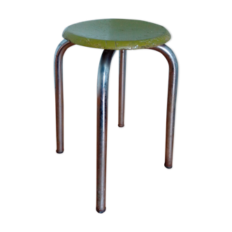 Industrial-style round stool in chrome metal and wood trend Wabi Sabi