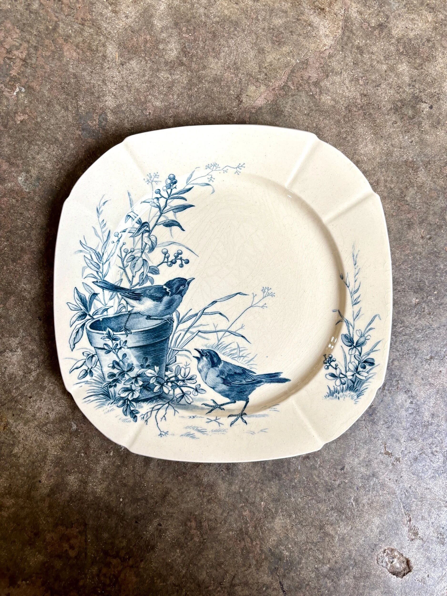 Blue ironstone plate from Gien, "Birds" service, circa 1870, no. 6.