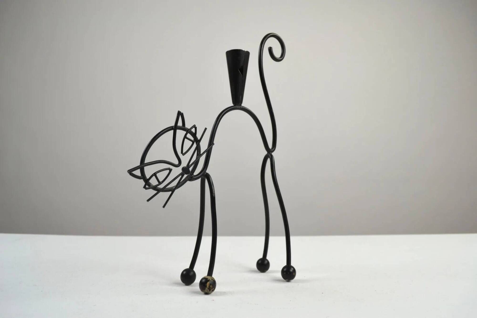 Black Painted Metal Cat Candle Holder by Gunnar Ander for Ystad-Metall, Sweden, 1950s–60s