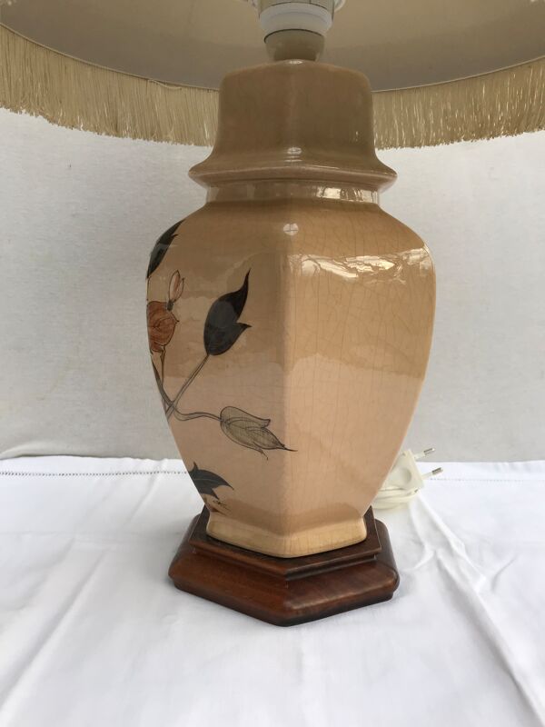 Lampe potiche céramique base bois avec abat-jour tissu beige vintage