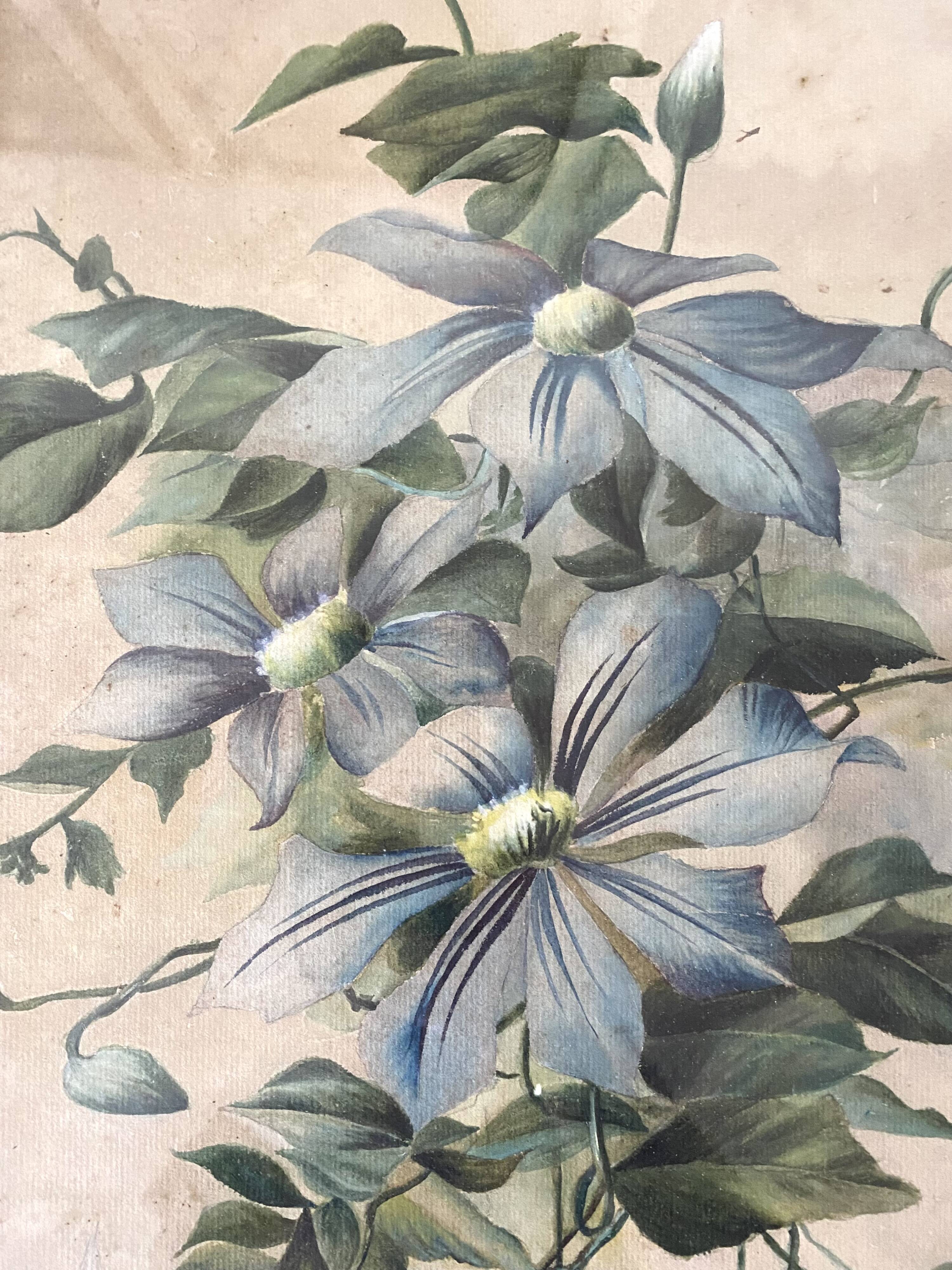 Triptych of old watercolors, flowers, 19th century