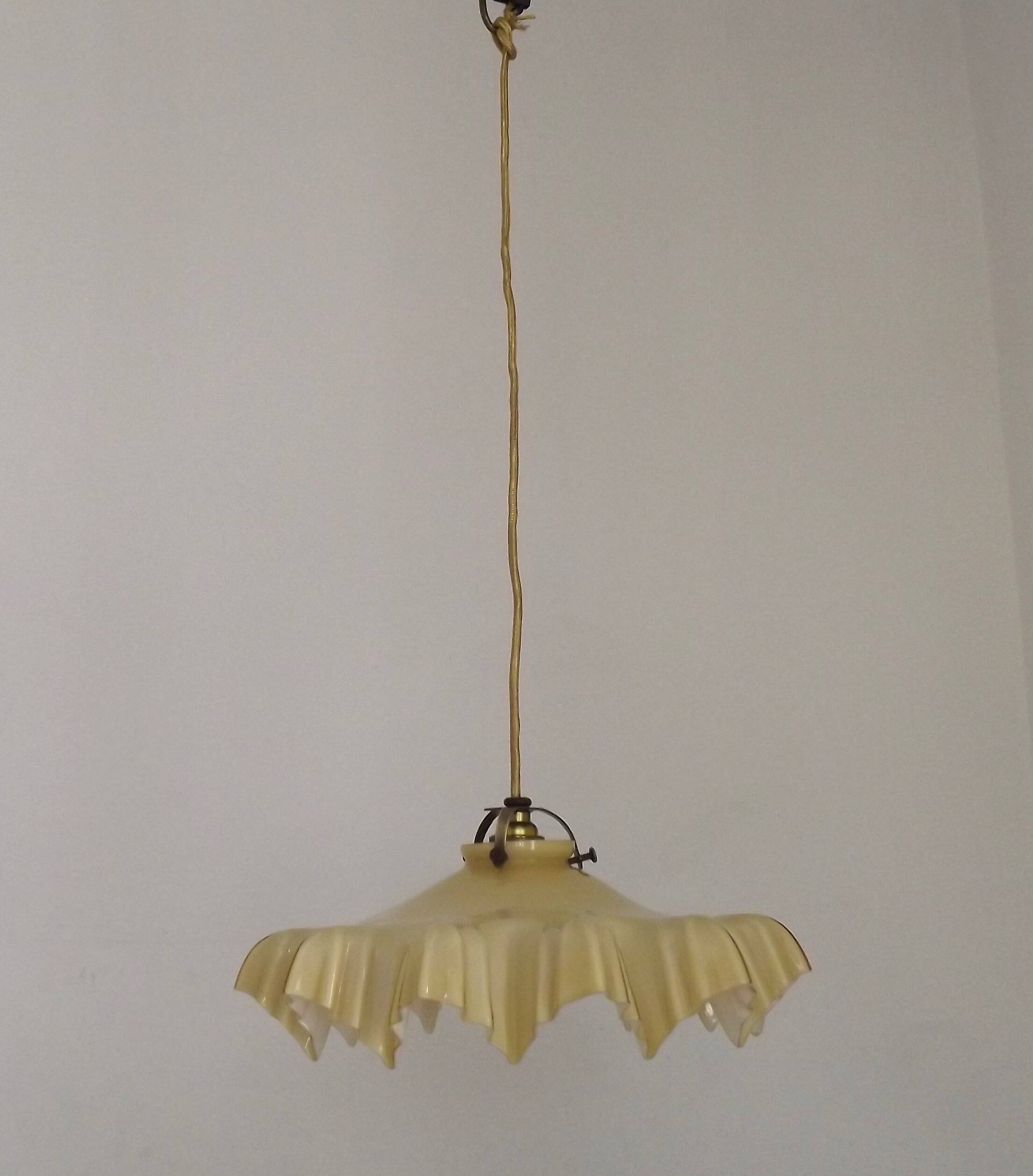 Vintage French Art Deco Yellow & White Glass Pendant Light Frilled 5495