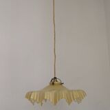 Vintage French Art Deco Yellow & White Glass Pendant Light Frilled 5495