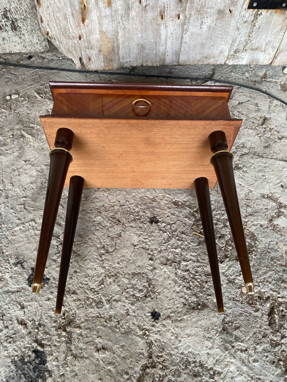 Nightstand Pair Wooden Drawer Compass Legs Vintage #D505